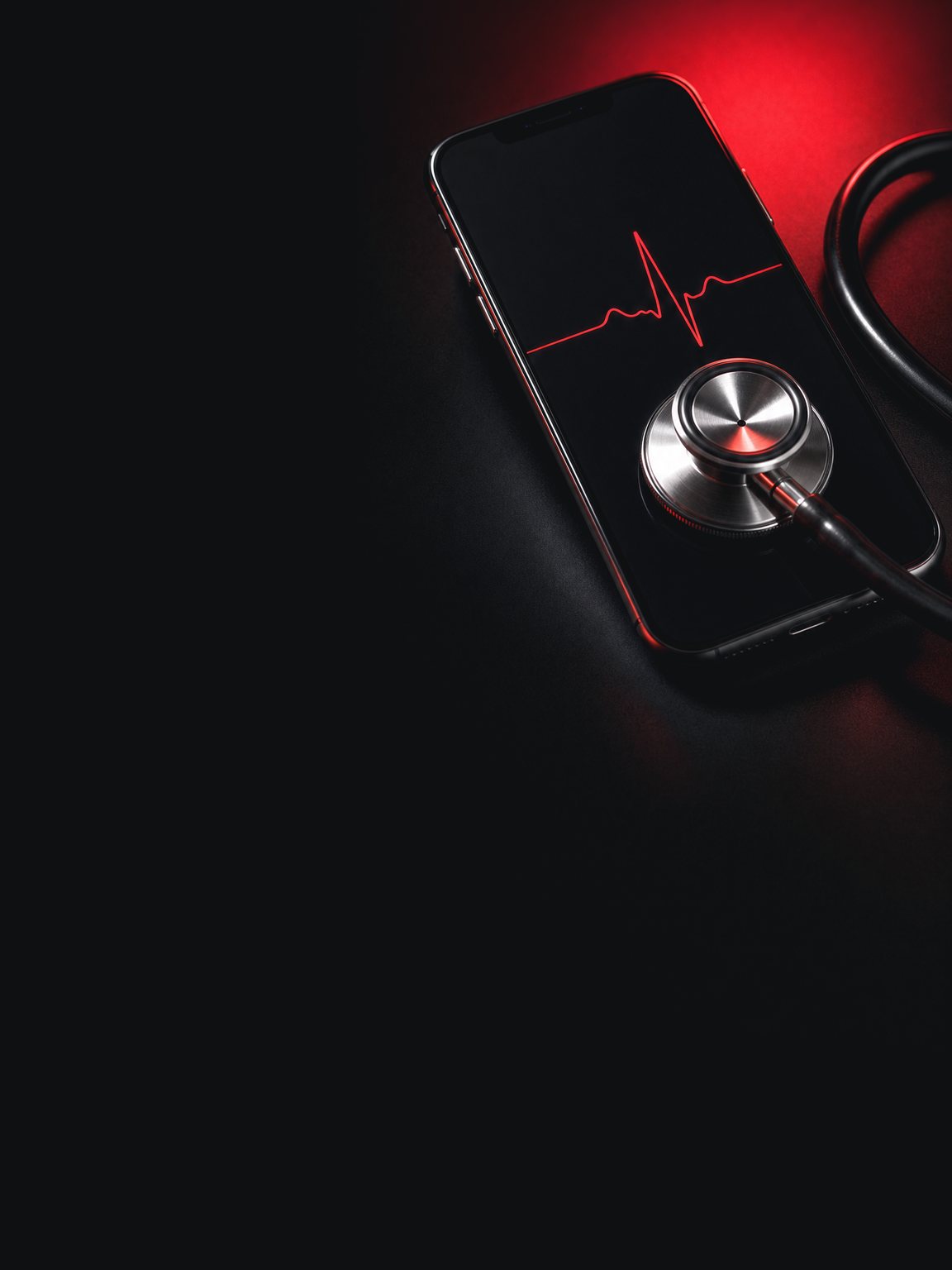 Un estetoscopio apoyado sobre un celular que muestra un electrocardiograma